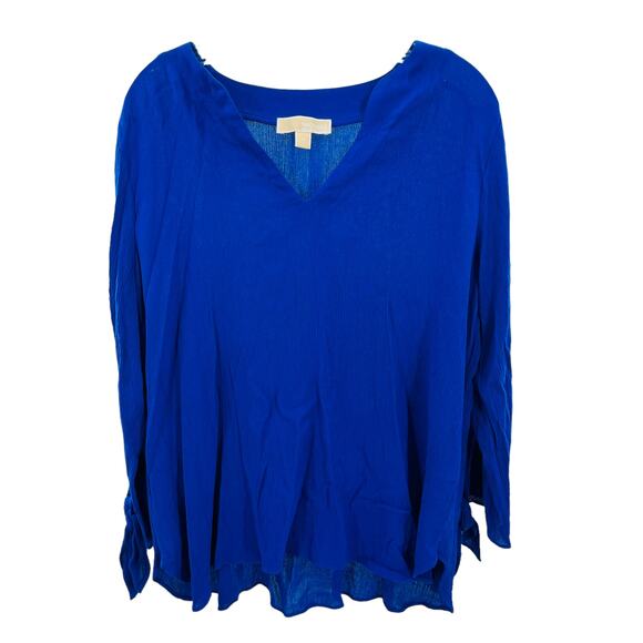 Michael Kors Blue Lightweight Ruched V Neck Long Sleeve Tie Cuffs Fairy Top M - Picture 1 of 8